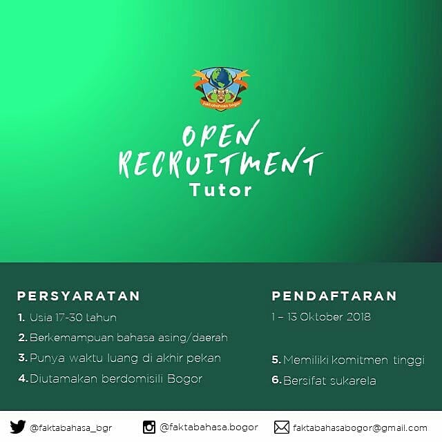 [Open Recruitment Tutor]

Hai semua! Faba Bogor membuka pendaftaran tutor bagi kalian yang punya keterampilan bahasa asing/daerah dan memiliki minat untuk mengajar.

📝Pendaftaran dibuka: 1 - 13 Oktober 2018

📍Link pendaftaran: 
bit.ly/OprecTutorFaba…

CP : 085814803343 (jundy)