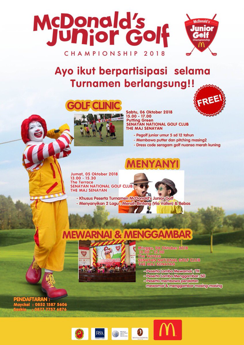 Welcome all kids to participate the fun activities during McDonald’s Junior Golf Championship. 5th &amp; 6th October. Don’t miss the golf clinic, singing &amp; drawing competition. Call us for more info.