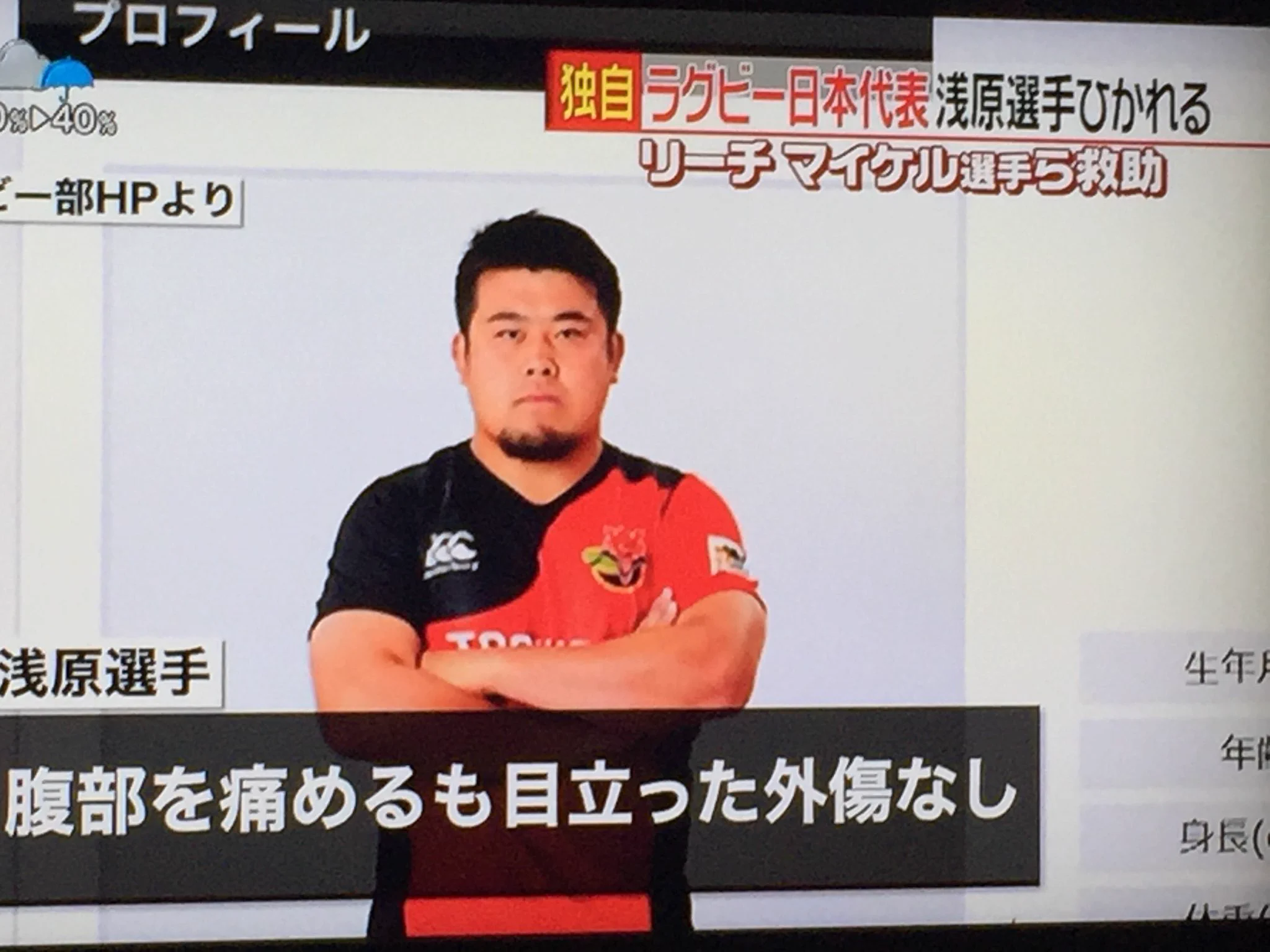 ラグビー日本代表の浅原拓真選手が車に轢かれるも軽傷！すごい肉体だ…