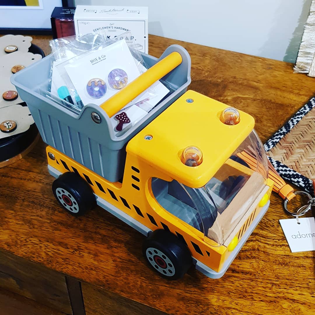 When the kid's dump truck acts as mum's shopping trolley... #winning #hammersandwands #shopsmall #giftshop #kidshop #familyshop #toyshop #dumptruck #trolley #multitasking #parenthood #mumlife #dadlife #moxandco #hape #hapetoys