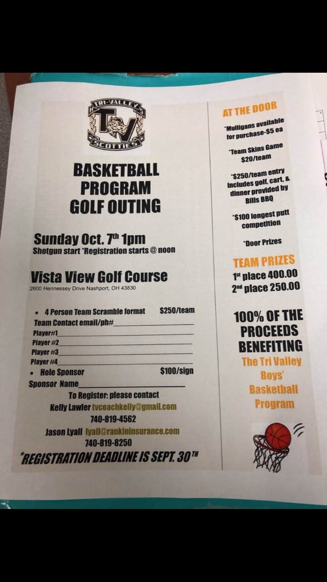 Please consider playing in the Tri Valley Basketball Outing on October 7th @ Vista View.  See the flyer for details. Thanks!!