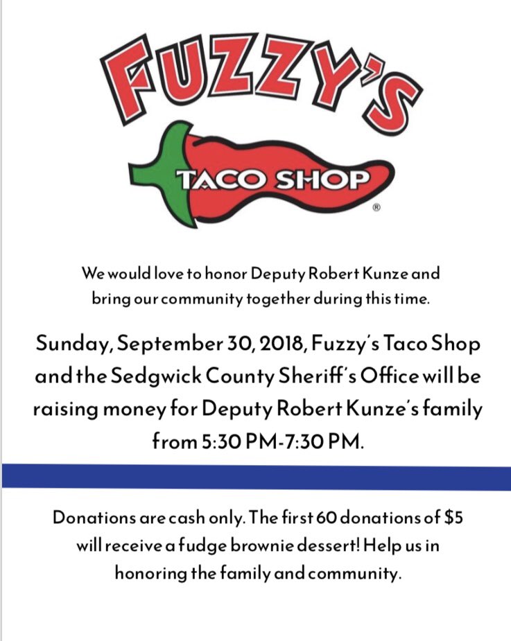 FuzzysICT's tweet photo. Join us Sunday, September 30th from 5:30 PM to 7:30 PM to help us honor and raise money for Deputy Robert Kunze’s, who was taken from our community too soon. 100% of the proceeds will go to Deputy Kunze’s family.
#DeputyKunze #ICT #FuzzysICT https://t.co/IF30Ci0XVE
