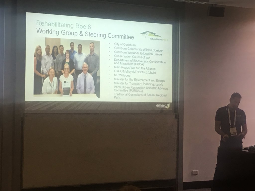 SERAustral's tweet photo. Rehabilitating Roe8: a standard approach to a not so standard restoration project by Tom Atkins from @EmergeAssoc #SERA2018 @_WABSI implementing the @SERAustral National standards on a high public profile project https://t.co/Gu4g3tqISW
