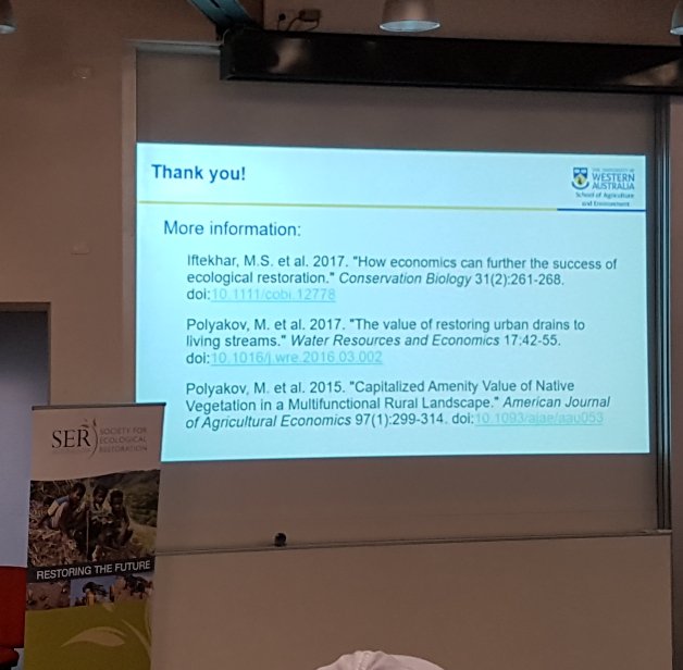 mike_young00's tweet photo. Fascinating #SERA2018 plenary talk by @MaksymPolyakov on the valuation of #ecosystem services as relevant to #restorationecology. There's a sweet spot for revegetating agricultural landscapes - restoration and production can coexist and deliver economic benefits! @SERAustral https://t.co/3cSCxE41AB