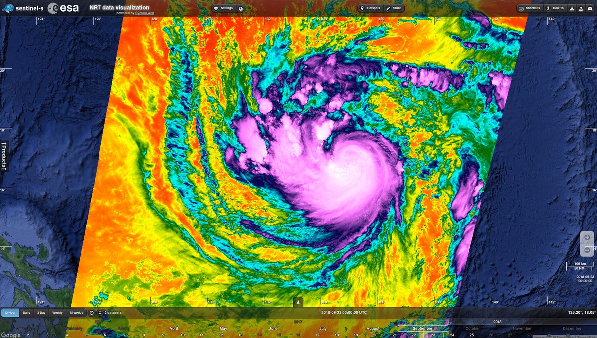 oceandatalab's tweet photo. @CopernicusEU @EricHolthaus @ryanweather @tonyveco @ESA_EO @eumetsat @CopernicusEMS @eu_echo @craigdonlon @NWSNHC @ECMWF #Sentinel3 caught #TyphoonTrami yesterday: https://t.co/7In9QOXQai
but also 2 days ago: https://t.co/ebv863fa8o
(screenshots show #SLSTR 12µm infrared channel) https://t.co/JNiHmbBh7K