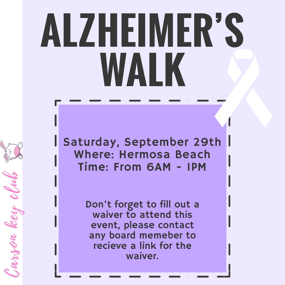 CarsonKeyClub17's tweet image. Alzheimer’s walk this Saturday! All info presented on flyer, also do not forget to fill out your waiver form. Board members will be sending out emails with the form if not please contact any board member for info! Thank you