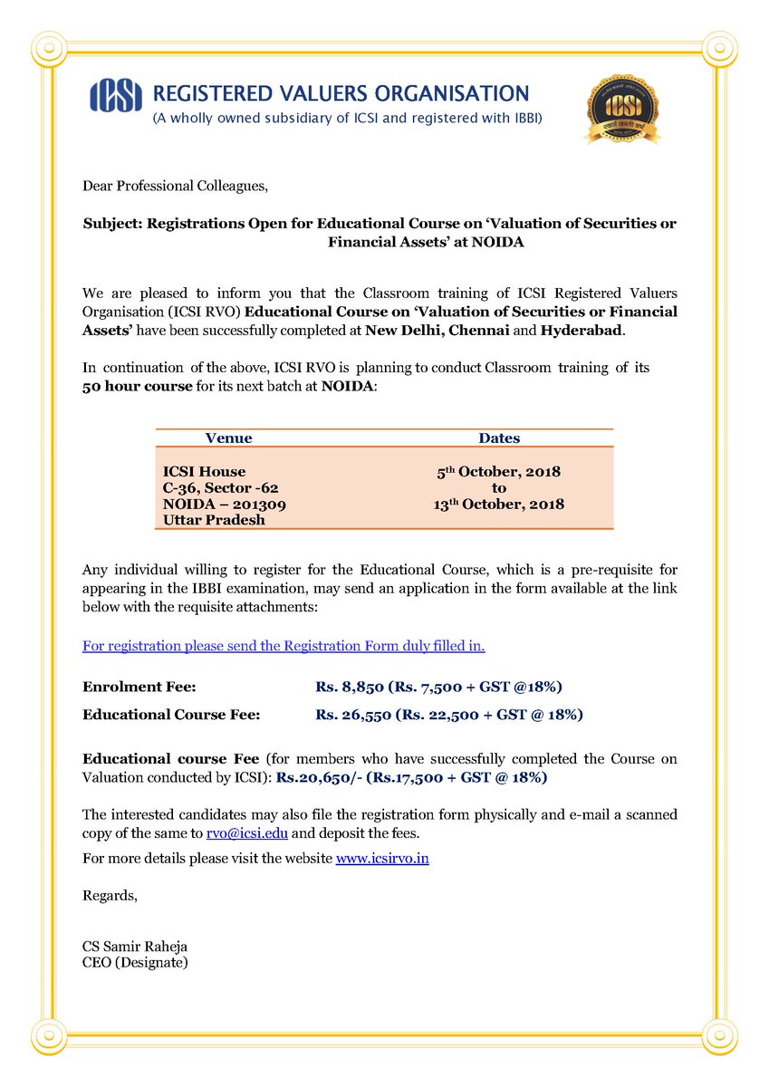 icsi_cs's tweet photo. #ICSIRVO #Registrations Open for #EducationalCourse on '#Valuation of #Securities or #FinancialAssets at Noida https://t.co/6VnLKEaMHs
