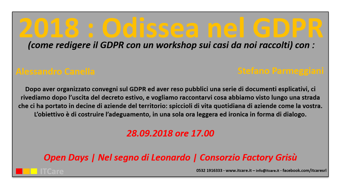 ITCaresrl's tweet photo. #GDPR : a #Ferrara ora facciamo una simulazione. Vuoi cominciare a capire come funziona davvero? Ti raccontiamo cosa abbiamo scoperto e cosa dicono le aziende nel nostro dialogo ironico. https://t.co/ZvJqxZ92h2