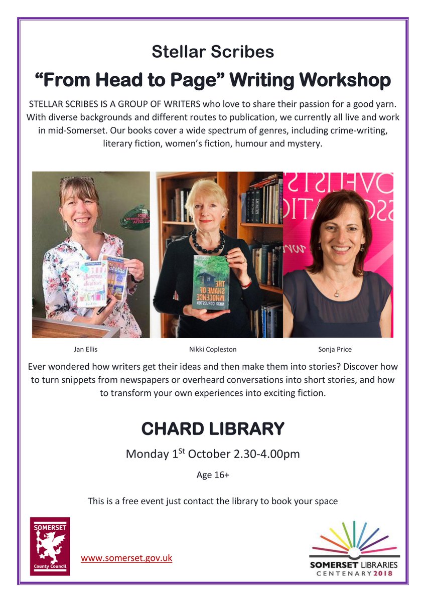 SomersetLib's tweet photo. Join local authors @JanEllis_writer @nikkicopleston @PriceSonja in #Chardlibrary on Mon 1st October, 2.30 - 4pm for a free writing workshop. They will help you turn your ideas into short stories. Suitable for age 16+. #learninlibraries https://t.co/MI8ExIQfSP