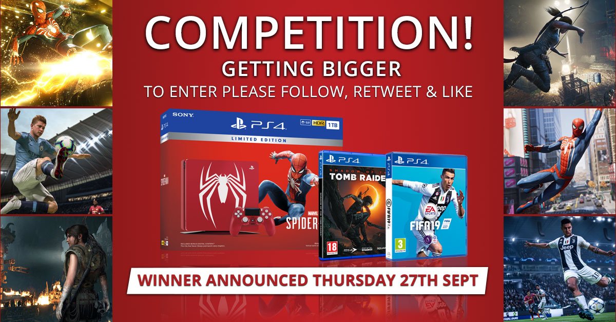ShopTo (@shoptonet) on Twitter photo *COMPETITION TIME* Fancy winning a PS4 Slim 1TB Marvel's Spider-Man Limited Edition Console, with a copy of Fifa 19 & Shadow of The Tomb Raider? To enter, please Follow us, Retweet & Like this post. The lucky winner will be announced on Thursday 27th September! Good Luck 😃👍! *COMPETITION TIME* Fancy winning a PS4 Slim 1TB Marvel's Spider-Man Limited Edition Console, with a copy of Fifa 19 & Shadow of The Tomb Raider? To enter, please Follow us, Retweet & Like this post. The lucky winner will be announced on Thursday 27th September! Good Luck 😃👍!