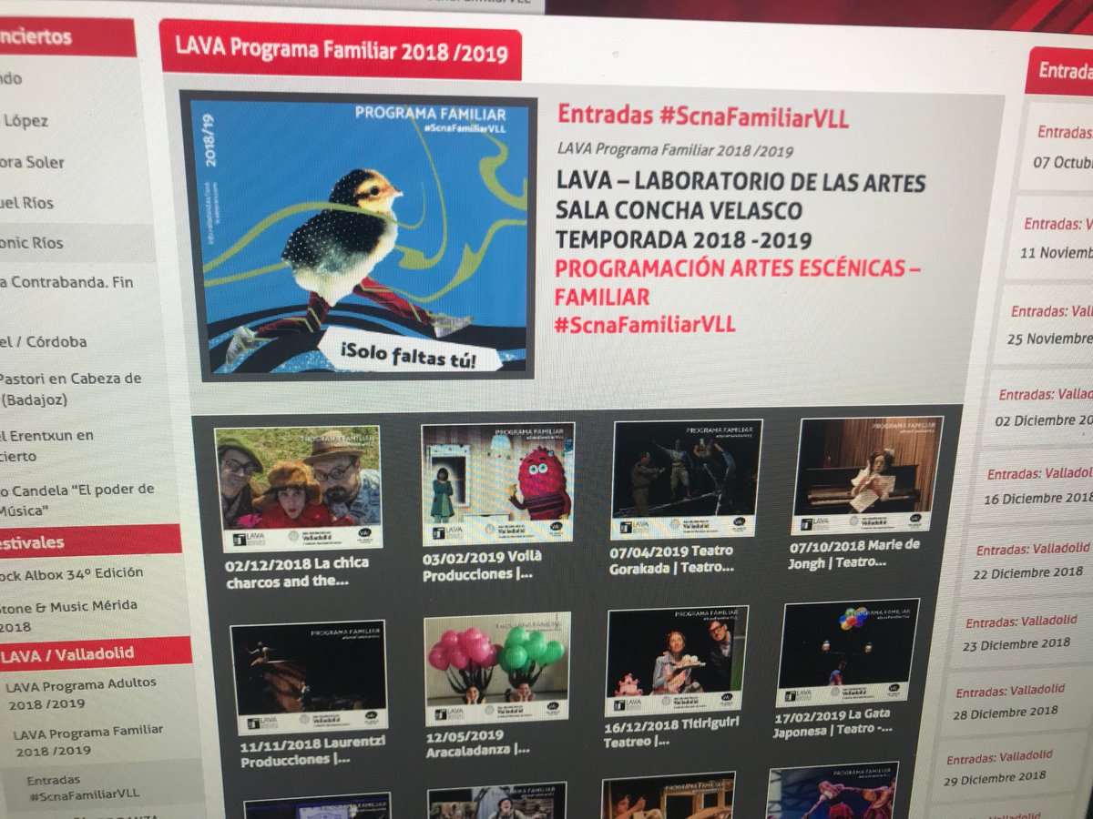 📢 Ya disponibles las Entradas #ScnaFamiliarVLL en #vayaentradas en el <a href="/LavaVLL/">Laboratorio de las Artes de Valladolid :: LAVA</a>🔎 bit.ly/2pB0akJ #SoloFaltasTú te esperamos. SALA CONCHA VELASCO, que #SoloFaltasTú , mira tu calendario y reserva
Descuento para grupos.
<a href="/AyuntamientoVLL/">Ayto. de Valladolid</a> <a href="/infoVLL/">Turismo Valladolid</a> <a href="/LaRed_deTeatros/">La Red Española de Teatros</a>