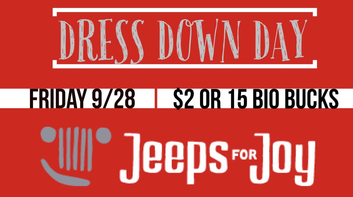 ConradRedWolves's tweet photo. This Friday(9/28) is our next Dress Down Day! We will be supporting Jeeps for Joy. The cost for students is $2 or 15 Bio-Bucks. 👖 https://t.co/sHV0VdB3RU