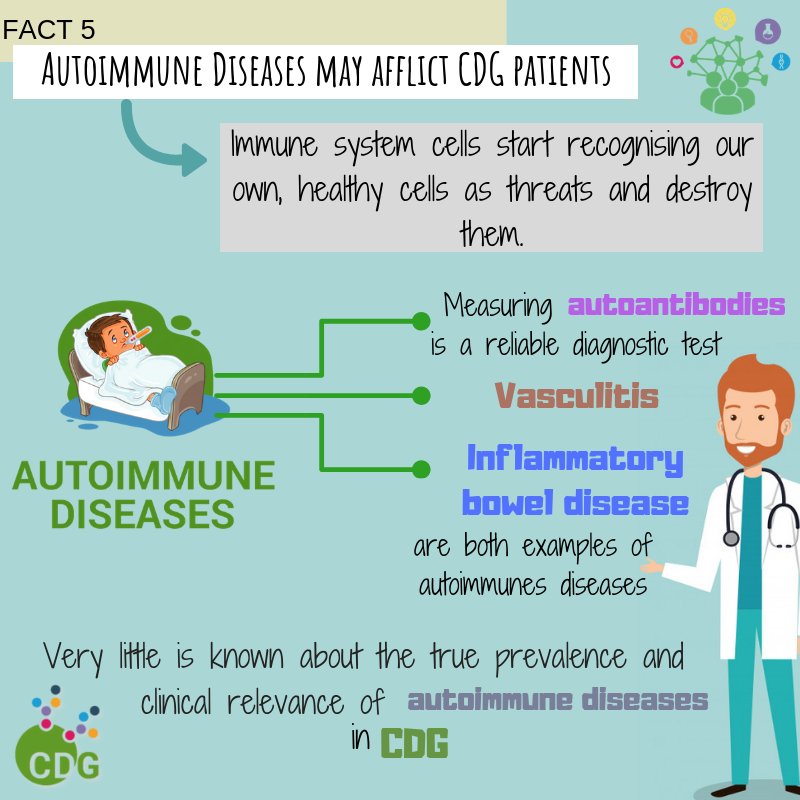 worldCDG's tweet photo. *10 Days=10 #CDGImmunology Facts*FACT 5: Autoimmune diseases, like infections, are proof of a defective immune response. #CDGResearch #CDGFacts #CDGCommunity @cdgcanada @LesPtitsCDG @UK_CDG @cdgsindrome @AmourFund @DrPas84Ele @Metab_ERN @emoravakozicz @BegonyaNafria @RareConnect https://t.co/TpVepDauaj