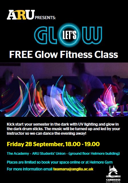 Anglia Ruskin University Cambridge Futsal (@angliafutsal) on Twitter photo CAMPUS SPORT | Come along and join in our FREE Glow Fitness event running in the Academy @ 18:00 this Friday. 
Book here: sportsbooking.anglia.ac.uk/stellar/common… 
@Team_ARU <a href="/AngliaRuskinSU/">ARU Students' Union</a> <a href="/AngliaRuskin/">ARU</a> CAMPUS SPORT | Come along and join in our FREE Glow Fitness event running in the Academy @ 18:00 this Friday. 
Book here: sportsbooking.anglia.ac.uk/stellar/common… 
@Team_ARU <a href="/AngliaRuskinSU/">ARU Students' Union</a> <a href="/AngliaRuskin/">ARU</a>