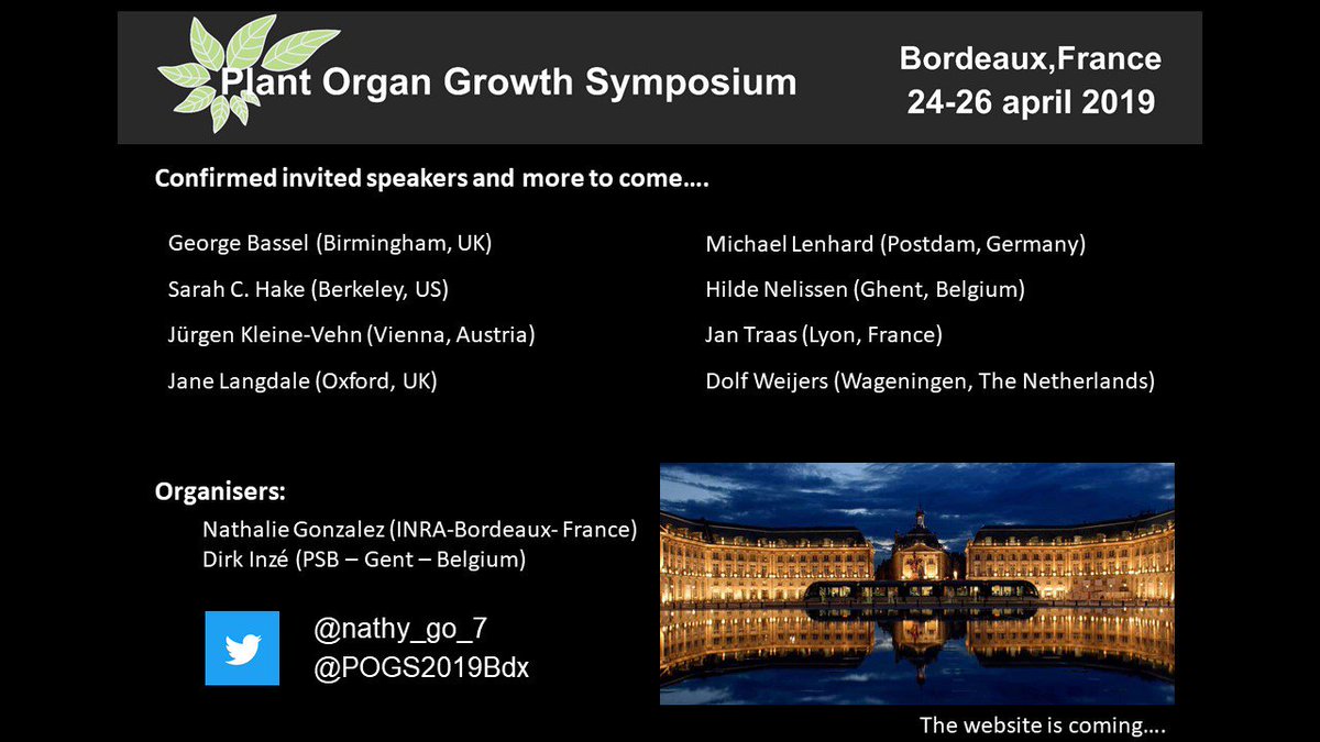 #POGS2019Bdx

1/We have a location: Bordeaux
2/We have the dates: April 24-26th 2019
3/We have speakers (more to come...)
4/Soon the website for registration!

@janelangdale, <a href="/HildeNelissen/">Hilde Nelissen</a> ,<a href="/KleineVehnLab/">Kleine-Vehn Lab</a> , <a href="/george_bassel/">Bassel George</a>, @dolfweijers