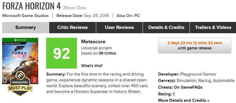 metacritic on X: Forza Horizon 4 is a Metacritic Must-Play with a  Metascore of 92:   / X