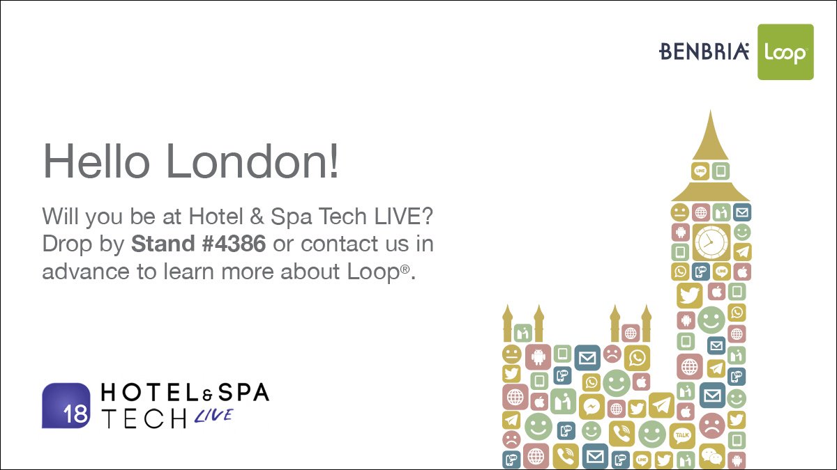 Benbria's tweet photo. Come say hello at @HotelTechLive #4386 and learn how @Benbria Loop’s messaging and in-room ordering services can be integrated into your branded hotel app - and see a demo by our partner @Criton! #hoteltechlive #hotelapp #hospitality #criton #omnichannel https://t.co/sNKCdJAImI