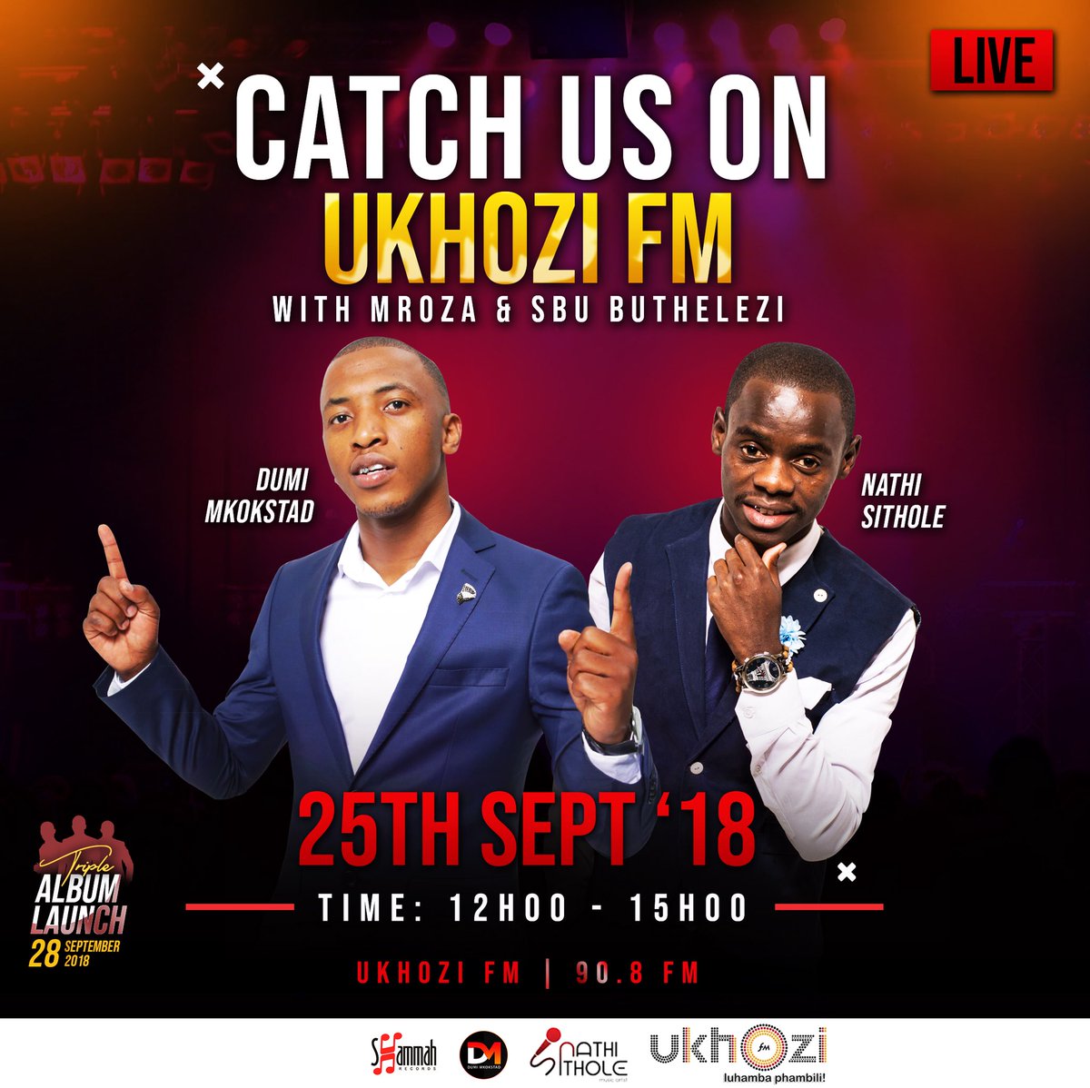 Dumi_MkokstadSa's tweet photo. PLEASE RETWEET 🙏🙏🙏🙏🙏

TODAY AT 2PM 
ON UKHOZI FM 📻 

NATHI SITHOLE and DUMI MKOKSTAD

Will be Live on NDIZA NATHI

Tickets for the LAUNCH on FRIDAY are available at COMPUTICKET RYT NOW.

#KHULULEKA
#MY_GOD_TOO_MUCH https://t.co/QBra3snbQo