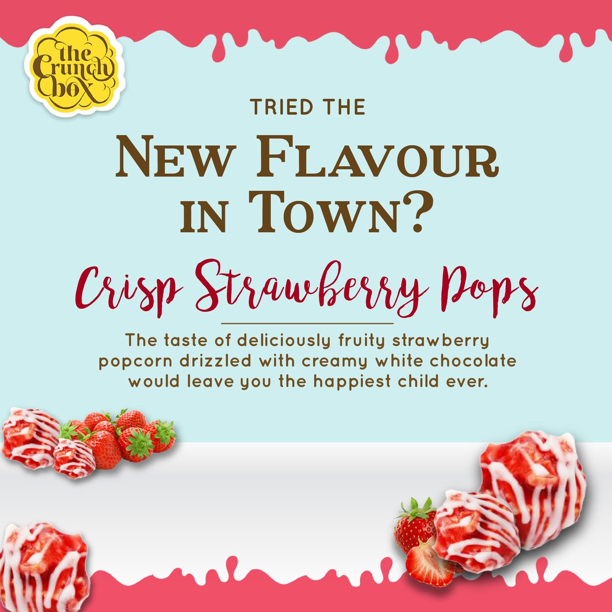 CrunchBoxIndia's tweet photo. Introducing Crispy Strawberry Pops!

Head to your nearest store to experience the crunch.

#Popcorn #IndianFoodie #Foodie #Strawberry #WhiteChocolate #AllNew #ExperienceTheCrunch #CrunchboxIndia https://t.co/JzurVFcxgX