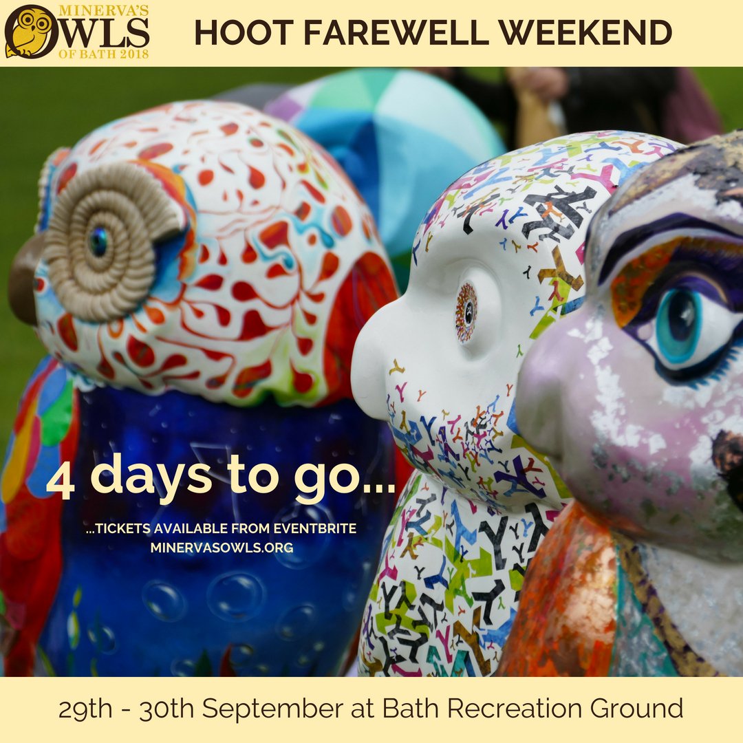 The Owl Hoot Farewell is taking place THIS WEEKEND!

See all 82 owls before they fly off to charity auction, plus join in lots of owl themed activities like owl decoration workshops!

Get your tickets now: eventbrite.co.uk/e/owls-hoot-fa… #OwlsOfBath #HootFarewell <a href="/WeLoveBath/">Love Bath</a>