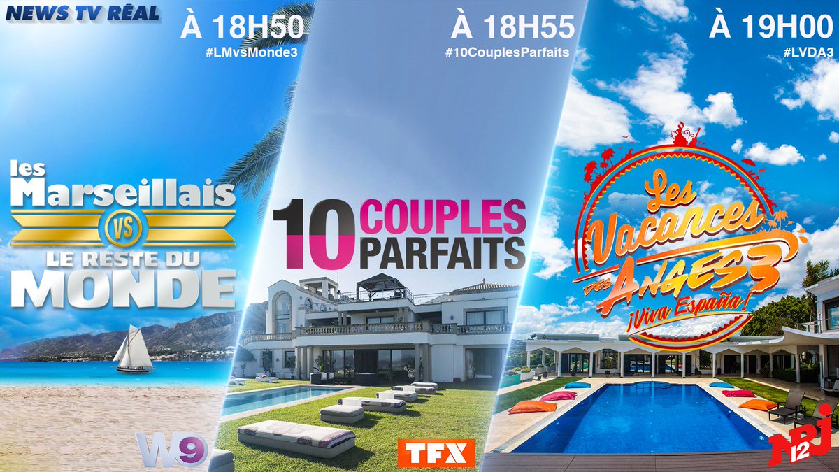 NewsTVReal's tweet photo. AUDIENCES SÉRIES RÉALITÉ.

➡#LMvsMonde3 (W9) : 675.000 téléspectateurs (3.0%)
➡#10CouplesParfaits (TFX) : 204.000 téléspectateurs (1.2%)
➡#LVDA3 (NRJ12) : 251.000 téléspectateurs (1.4%)

Lancement en hausse pour #10Couples, les marseillais au plus haut cette saison. https://t.co/CiEEWArosv