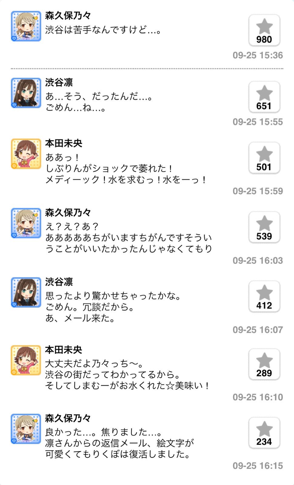 アカツキ 今回のデレぽハイライト 渋谷は苦手という呟きをする乃々 案の定それにショックを受ける凛 動揺する乃々 冗談と言いつつも可愛い顔文字を送ってしっかりフォローする凛 もりくぼ復活 本当に水を持ってきてしまう天然卯月
