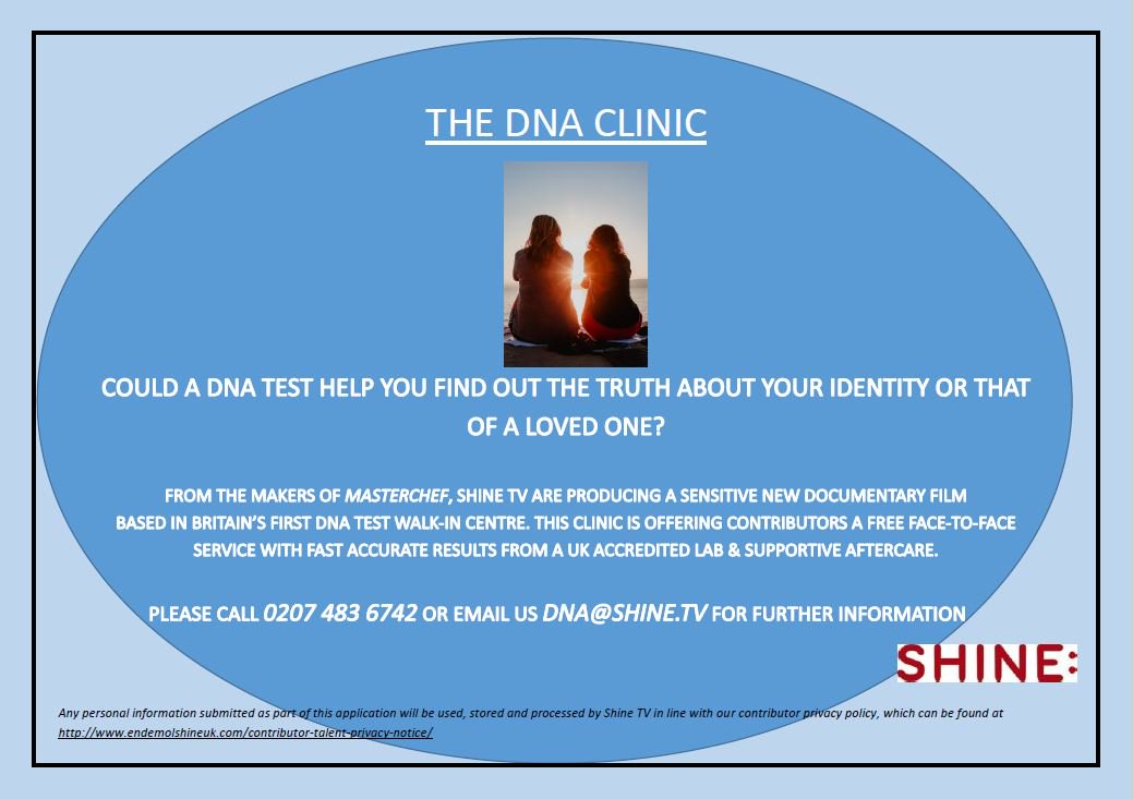 TheDNAClinic_'s tweet photo. @RadioCity967 Pls RT: Could a DNA test help you find out the truth about your identity or of a loved one? Shine TV are making a #documentary based in the #NorthWest. Email dna@shine.tv or call 020 7483 6742 for more information https://t.co/gBgSAnkph5