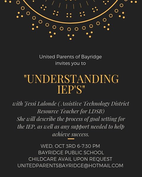UPunitedparents's tweet photo. We are proud to welcome Jessi Lalonde (Assistive Technology District Resource Teacher from LDSB) to discuss IEP's with our group on Oct 3rd.Childcare is available upon request. This is free to attend!  #IEP #inclusion  #supporteachother https://t.co/OH4Swopakx