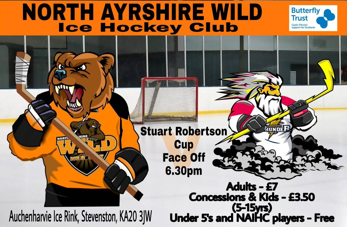 1 home game this weekend and it's a goodie.....
2nd leg of North Ayrshire Wild v Kilmarnock Thunder in Stuart SNL Stuart Robertson Cup @ Auchenharvie Ice Rink, Stevenston.
Get along early for a good seat folks. 
There's a tea bar &amp; 50/50 draw too.