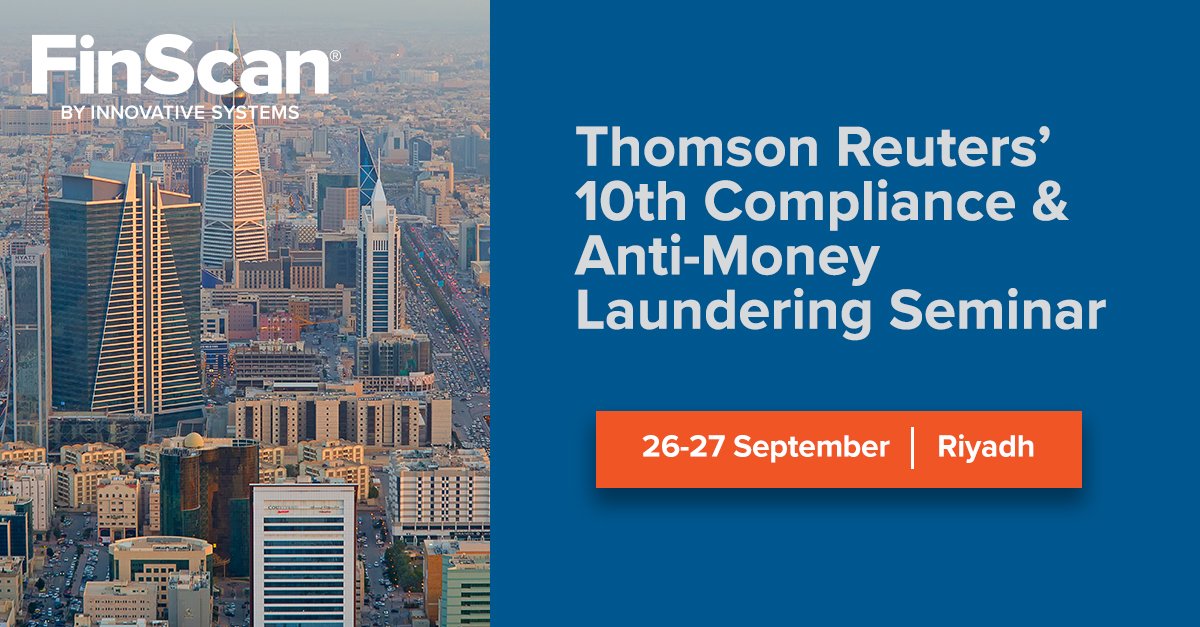 FinScan's tweet photo. Looking forward to another year at Thomson Reuters #Compliance &amp; #AML Seminar. Catch our #data &amp; #screening specialist, Neil Marshall, as he speaks about the #risk of AML exposure. #CAML10 

Can't make it to Riyadh? Request an interactive demo here: https://t.co/7D119lVdet https://t.co/tw4asxPgxz