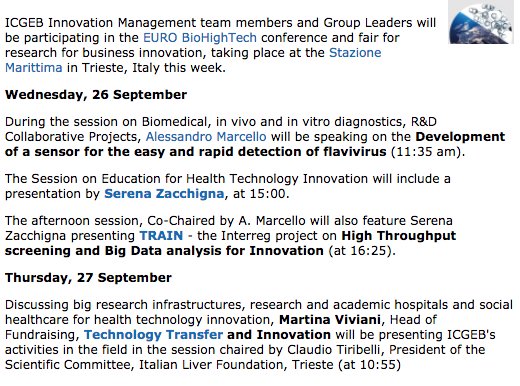 ICGEB's tweet photo. #ICGEB at #EUROBioHighTech #Trieste #Research #Innovation #Business 26-27 September 2018 https://t.co/cXalkXx6eD https://t.co/BymTBELXEL