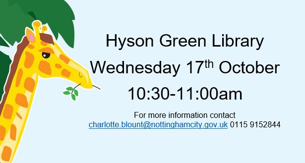 Join professional storyteller Nicky Rafferty on Wednesday 17th October at Hyson Green Library for fun, interactive stories especially for under 5s. With a free gift for every child!