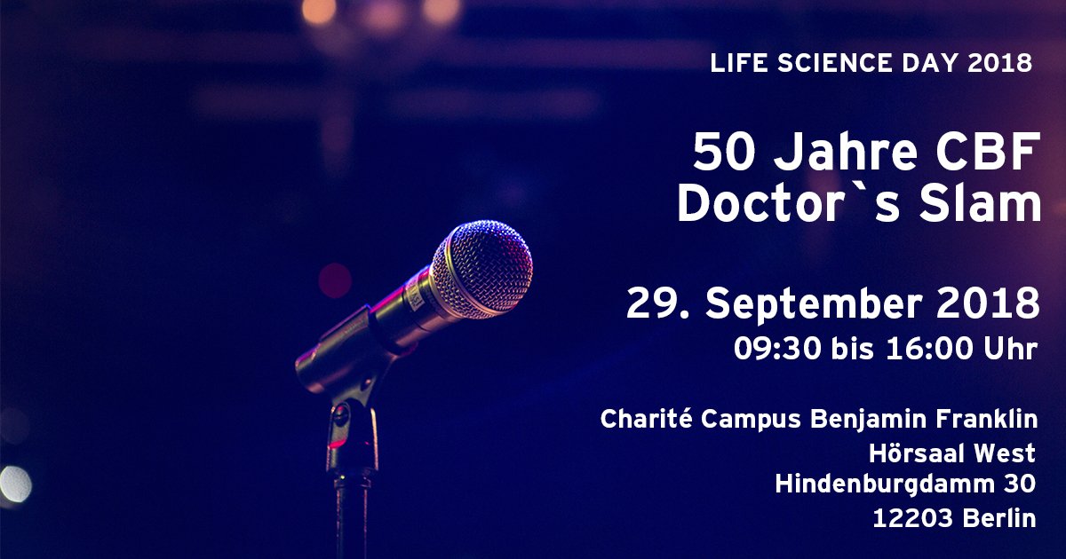 ChariteBerlin's tweet photo. Ihr denkt #Hämatologie, #Viszeralchirurgie &amp; Co. sind trockene Themen? Lasst Euch beim Doctor's #Slam der #CharitéBerlin eines Besseren belehren und kommt am 29.09. beim #LifeScienceDay am CBF vorbei. https://t.co/gPsZVRcICk https://t.co/TDpTSe9a92