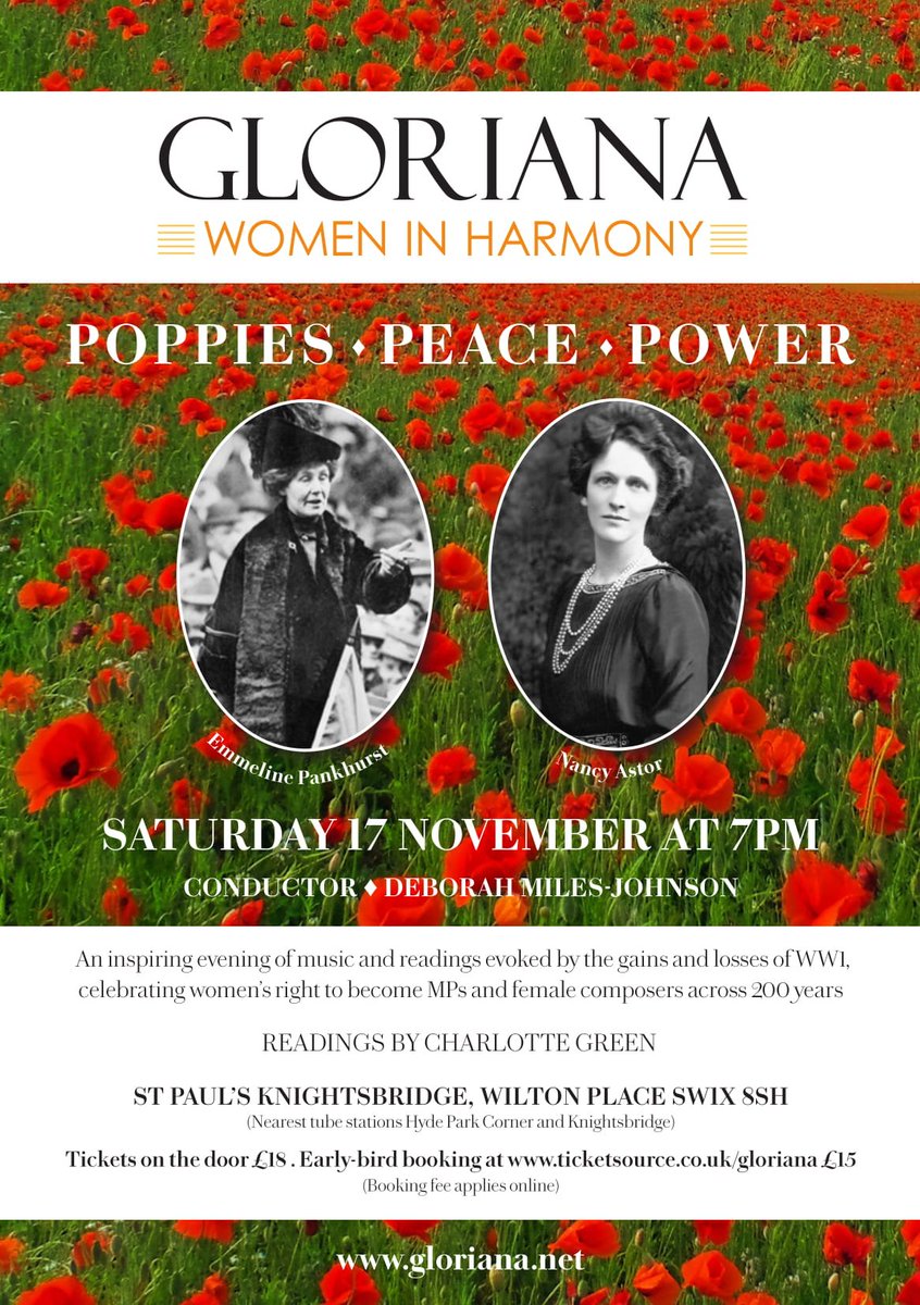Join us for Poppies - Peace - Power: an extraordinary journey through the tumultuous events of 1918, including the end of #WW1 and #Suffragette movement. Readings by Charlotte Green; music (mostly) by female composers. Tickets just £15 (£5 for students) bit.ly/2wk5bRM