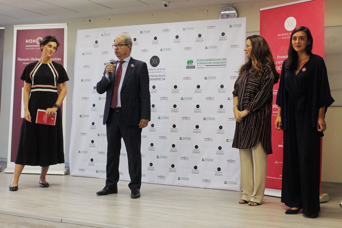HonorisUni's tweet photo. Inspirational start to the #WIAProgram54 Bootcamp hosted by @GroupeEMSI Morocco. Honoris CMO Laura Kakon, EMSI Pres. Kamal Daissaoui, @WIAPhilanthropy Pres. Marine Liboz Thomas, and @BlueFactory_ Maeva Tordo talk of exciting days ahead. #WIAPhilanthropy #InspiringWomen https://t.co/NnZg4oS1QJ