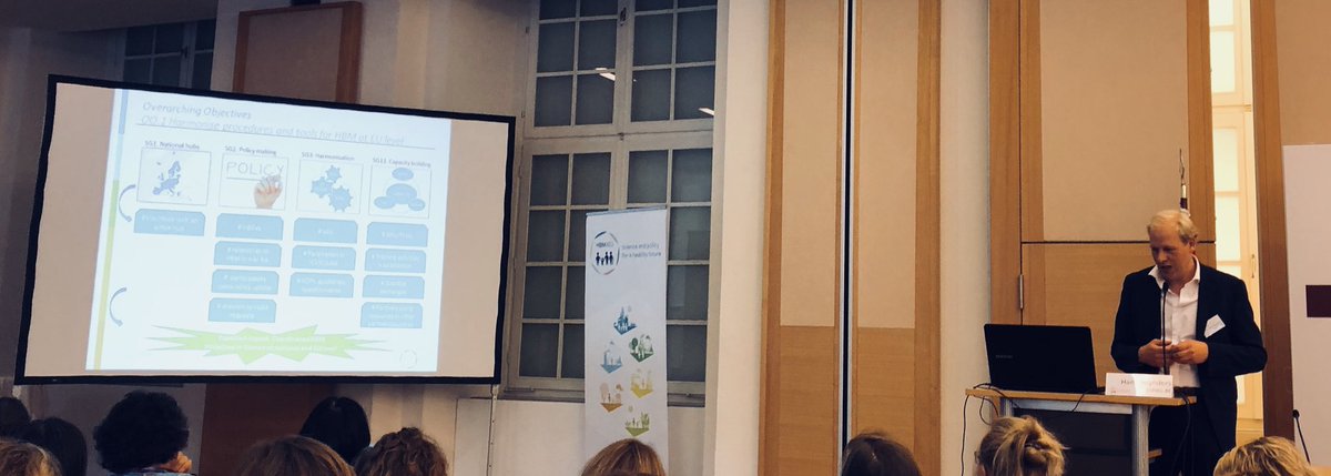 HBM4EU's tweet photo. Performance and impact indicators for #HBM4EU with their 5 overarching objectives are shown by Hans Reyners from #DOMG #HBMvie2018 #HBMindicators https://t.co/u30oQJUO6n