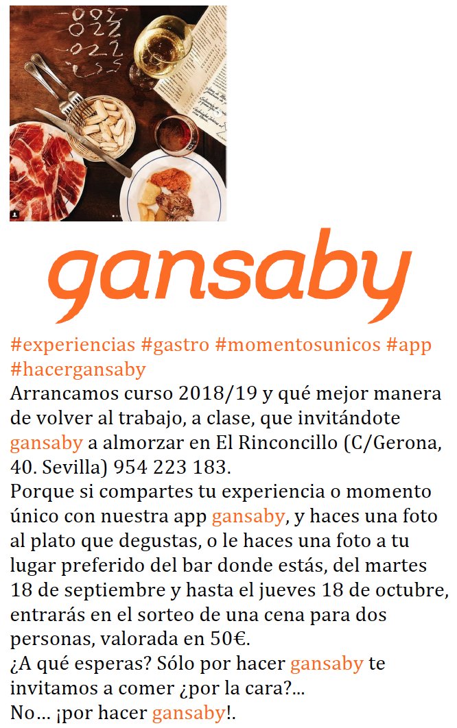 gansaby's tweet photo. gansaby te invita a comer por la cara... bueno x la cara, no.
Si #hacesgansaby en cualquiera d tus bares preferidos q tienen nuestra app #gansaby, la que comparte #momentosunicos... y te haces selfie o foto del plato que te estás comiendo o de tu rincón preferido del bar, PREMIO! https://t.co/lTuv6sAmF4