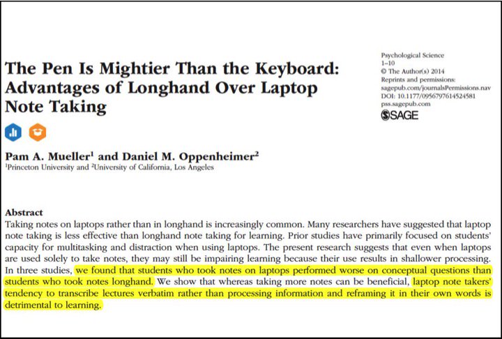 2/6Students who take notes on laptops perform worse than students who take notes longhand. "The Pen Is Mightier Than the Keyboard."