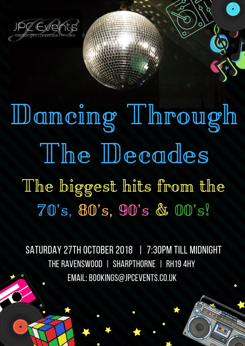 JpcEvents's tweet image. 🎉'Dancing Through The Decades' party night🎉 

#events #party #night #80s #dance #theme #events #partynight #horley #music #dj #photobooth #tickets #evening #nightlife #dancing #jpcevents #love #drinks #nightout  #disco #themed #fun #theravenswood #venue #ravenswood  #jpc