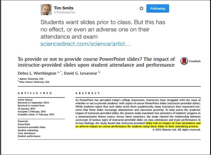 Tomorrow first lecture, new students  @PPW_KULeuven. My first slides are ready. (A couple of new ones this year!) 1/6Providing PowerPoint Slides prior to class has an adverse impact on performance of students.