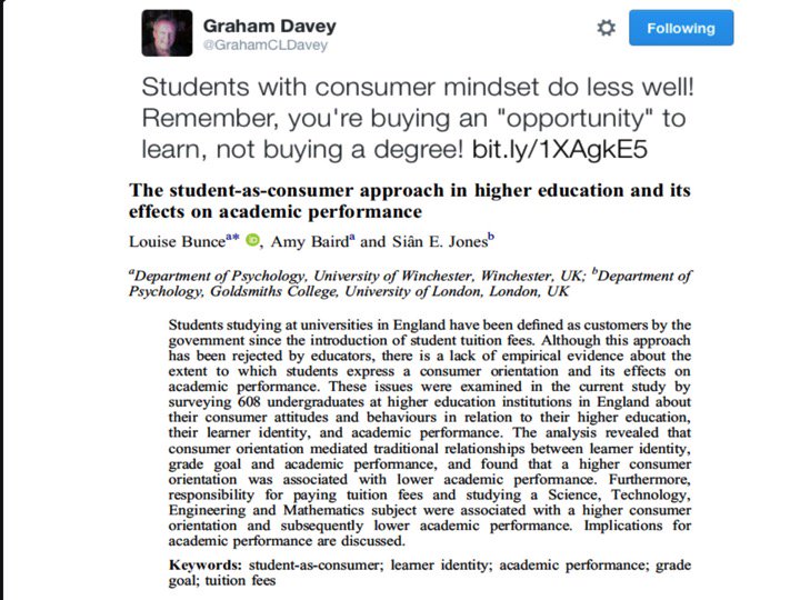 4/6 @GrahamCLDavey: "Students with a consumer mindset do less well! Remember students, you're buying an "opportunity" to learn, not buying a degree!" A higher consumer orientation in students is associated with lower performance.