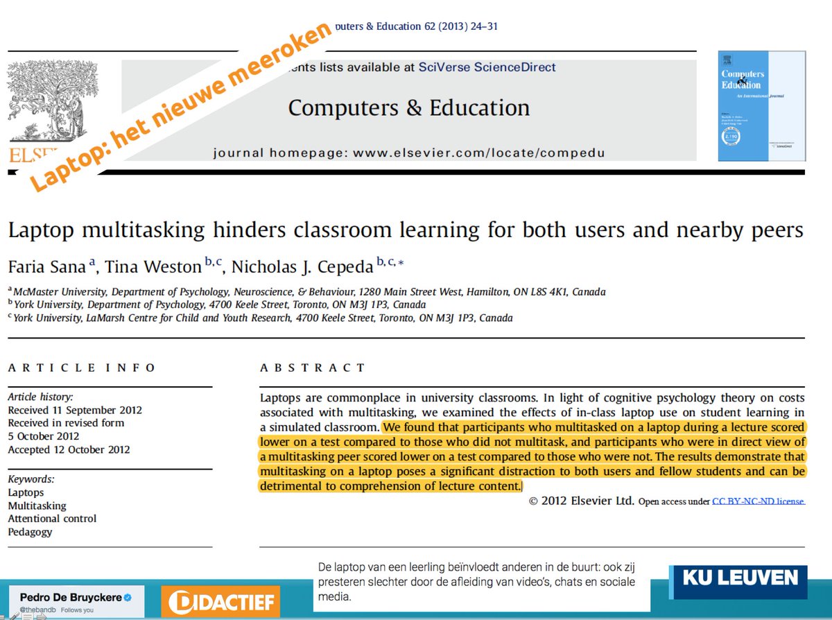3/6Students who multitask on laptop during class perform worse. But. Also. Students in direct view of a multitasking peer perform worse.HENCE >>> "Laptop = het nieuwe meeroken":  https://didactiefonline.nl/blog/paul-kirschner/laptop-het-nieuwe-meerokenvia  @thebandb