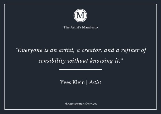 🧠 Larry G. Maguire (@larrygmaguire) on Twitter photo Tuesday Postcard: "Everyone is an artist, a creator, and a refiner of sensibility without knowing it" #Art #Creativity #DailyQuote #YvesKlein <a href="/GetTheManifesto/">The Artist's Manifesto</a> patreon.com/posts/tuesday-… Tuesday Postcard: "Everyone is an artist, a creator, and a refiner of sensibility without knowing it" #Art #Creativity #DailyQuote #YvesKlein <a href="/GetTheManifesto/">The Artist's Manifesto</a> patreon.com/posts/tuesday-…