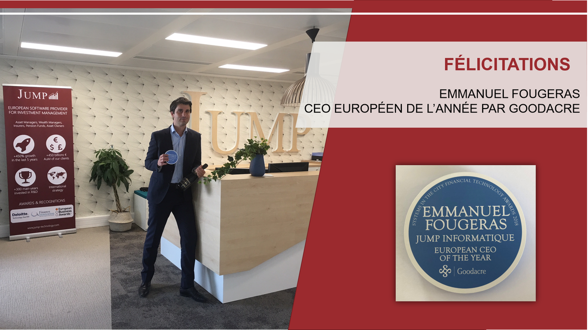 Félicitations à <a href="/E_Fougeras/">Emmanuel Fougeras</a> , CEO de JUMP qui a remporté le prix individuel du CEO européen de l’année aux <a href="/GoodacreUK/">Goodacre UK</a> décerné suite à un vote d’institutions financières interrogées à travers toute l’Europe. jump-technology.com/emmanuel-fouge…