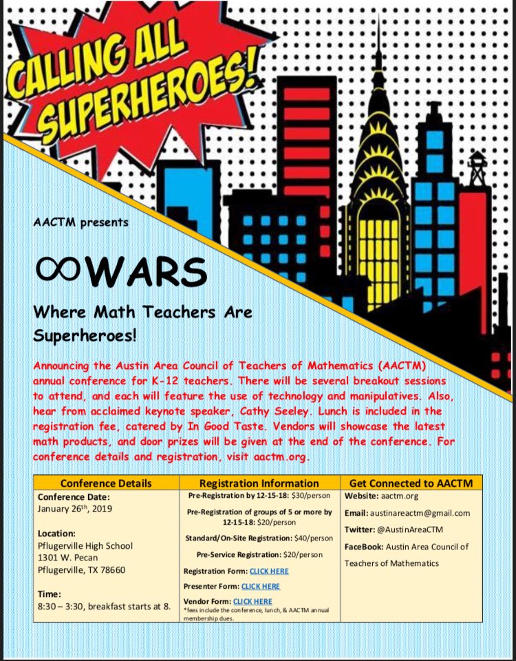 AustinAreaCTM's tweet photo. January 26th at Pflugerville HS

Cathy Seeley keynotes our AACTM conference!  

To register and to submit to present, try this PDF with active links: https://t.co/ZjObRw8RS2 https://t.co/9MMDxvcGvz