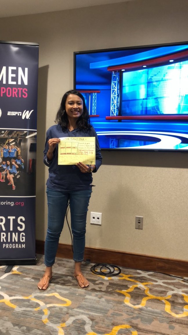 SportsEmpower's tweet image. BREAKING NEWS: Delegates played the role of news anchor and "reported" how sport can #empower women in their home countries. "This helps me to connect the problems and issues with what I want to do to solve it." - @juliafvergueiro #EmpowerWomen #GSMP2018