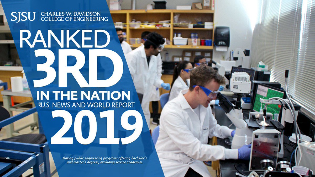 SJSU's tweet image. #Spartans! Did you know @usnews ranked San Jose State’s Charles W. Davidson College of Engineering third in the nation among public engineering programs offering bachelor’s and master’s degrees!? #SJSUEngineering