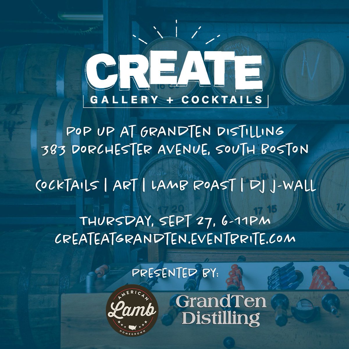 Create Boston (@createboston) on Twitter photo 2 days 'til our pop-up at <a href="/GrandTen/">GrandTen Distilling</a>! Will we see you there? Your ticket gets you: tons of tasty #AmericanLamb dishes, a draft cocktail, exhibits by artists Brian Gordon and Domingo Martin-Barreres, and tunes by <a href="/DJ_JWall/">Jeff Wallace</a>. What are you waiting for?! createatgrandten.eventbrite.com 2 days 'til our pop-up at <a href="/GrandTen/">GrandTen Distilling</a>! Will we see you there? Your ticket gets you: tons of tasty #AmericanLamb dishes, a draft cocktail, exhibits by artists Brian Gordon and Domingo Martin-Barreres, and tunes by <a href="/DJ_JWall/">Jeff Wallace</a>. What are you waiting for?! createatgrandten.eventbrite.com