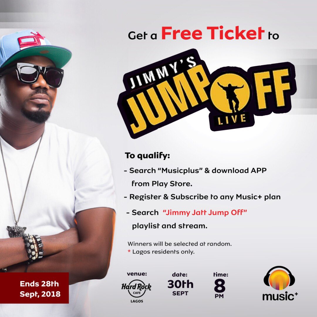 MusicPlus__'s tweet image. WIN A FREE TICKET TO JIMMY’s JUMP OFF LIVE 2018! 

- Search “Music Plus” &amp;amp; download the App from Playstore 
- Register &amp;amp; subscribe to any Music + plan 
- Search “Jimmy Jatt Jump off” playlist and stream! #Jimmyjumpoff #Jimmyjatt #Win #Free 

ENDS 28th September, 2018.