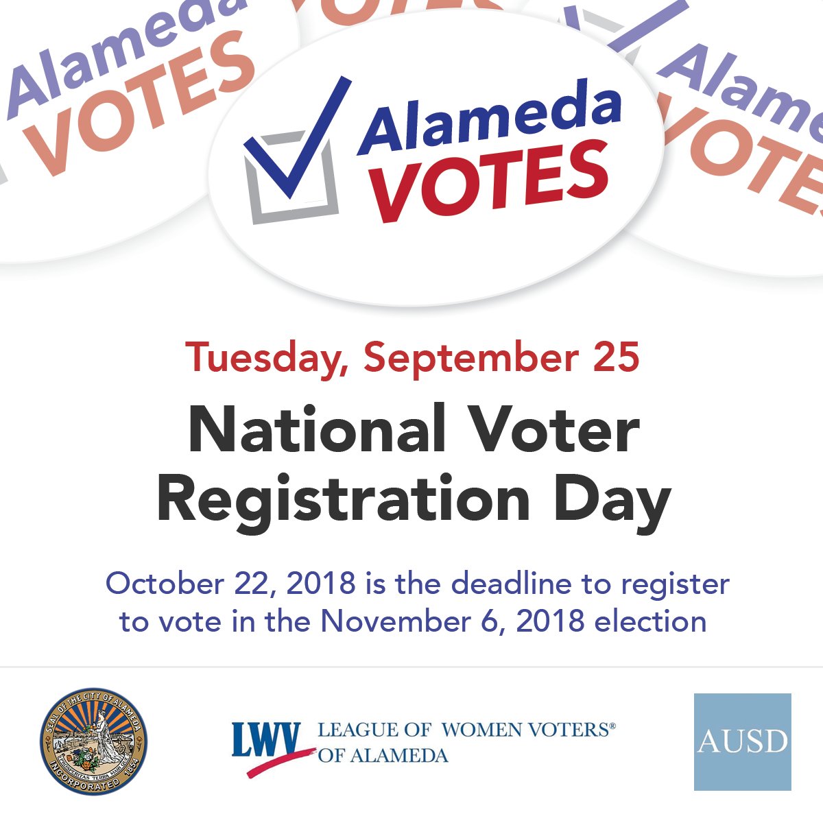 CityofAlameda's tweet photo. Today is #NationalVoterRegistrationDay! If you are not registered, moved and need to re-register, or are 16 or 17 and want to pre-register, today is the day! Complete and mail your registration form or register online: https://t.co/RaBxYHWEQp #AlamedaVotes #loveourisland #alamtg https://t.co/VmJX10m6RG